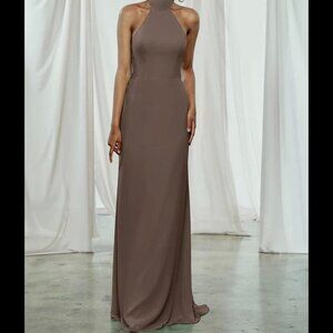 AMSALE taupe high neck open back maxi bridesmaid dress